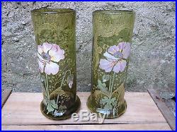 Paire d'anciens vase en verre émaillé Legras art nouveau decor fleurs