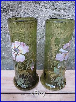 Paire d'anciens vase en verre émaillé Legras art nouveau decor fleurs