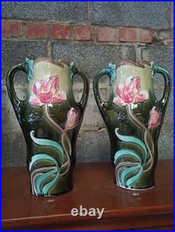 Paire de vases ancien Art Nouveau en Barbotine Lille Five