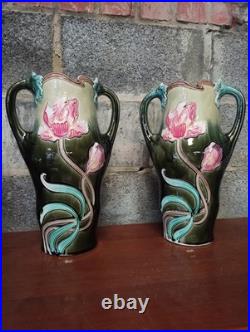 Paire de vases ancien Art Nouveau en Barbotine Lille Five