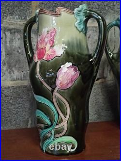 Paire de vases ancien Art Nouveau en Barbotine Lille Five