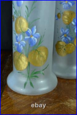 Paires de vases ancien Art Nouveau verre givré fleurs bleues et feuillages or