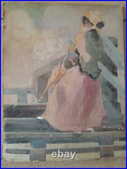 Peinture ancienne femme terrasse belle époque élégante Victor Creten art nouveau