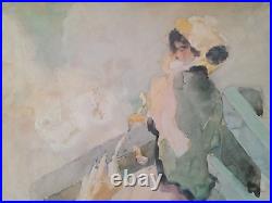 Peinture ancienne femme terrasse belle époque élégante Victor Creten art nouveau