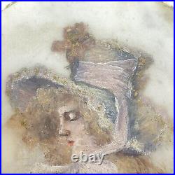 Peinture sur marbre ancienne vers 1900 femme au chapeau art nouveau