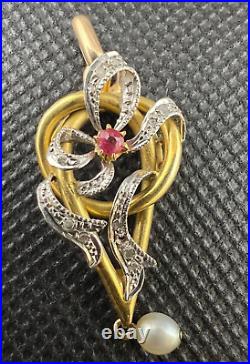 Pendentif Ancien Art Nouveau Perle Rubis Diamants Or Jaune 750/°°°