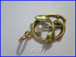 Pendentif ancien Art Nouveau gui porte bonheur perle or bicolore 18 carats 750