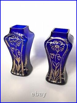 Petits Vases À Fleurs Anciens En Verre Bleu Et Or Art Nouveau Vers 1900 (paire)