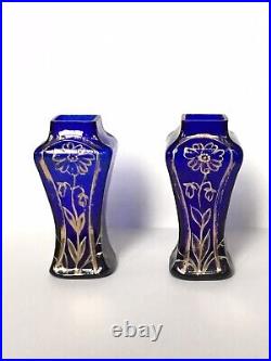 Petits Vases À Fleurs Anciens En Verre Bleu Et Or Art Nouveau Vers 1900 (paire)