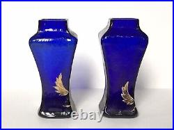 Petits Vases À Fleurs Anciens En Verre Bleu Et Or Art Nouveau Vers 1900 (paire)