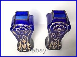 Petits Vases À Fleurs Anciens En Verre Bleu Et Or Art Nouveau Vers 1900 (paire)