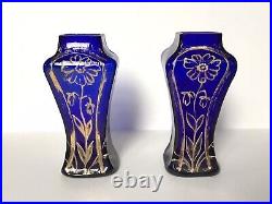 Petits Vases À Fleurs Anciens En Verre Bleu Et Or Art Nouveau Vers 1900 (paire)