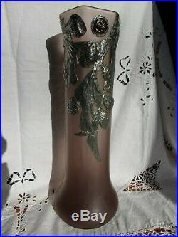Rare Grand 41 CM Ancien Vase Pate De Verre Souffle Art Nouveau/deco Decor Etain