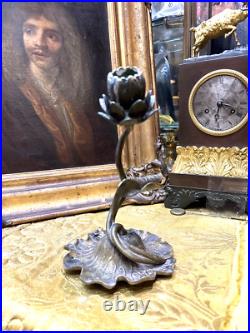 Rare ancien bougeoir nénuphar et grenouille en bronze epoque 1900 art nouveau