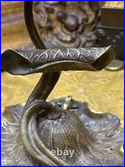 Rare ancien bougeoir nénuphar et grenouille en bronze epoque 1900 art nouveau