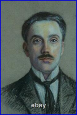 Rare tableau ancien pastel art nouveau portrait de jeune homme Pierre de Bruel