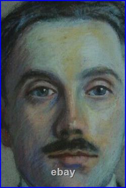 Rare tableau ancien pastel art nouveau portrait de jeune homme Pierre de Bruel