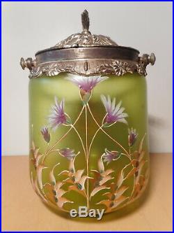 Sceau pot biscuit ancien verre émaillé art nouveau 1900 décor fleur chardon