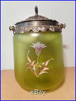 Sceau pot biscuit ancien verre émaillé art nouveau 1900 décor fleur chardon