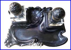 Superbe Grand Encrier Ancien Gutta Percha (ebonite) Cristal Art Nouveau Inkwell Superbe Grand Encrier Ancien Gutta Percha (ebonite) Cristal Art Nouveau Inkwell