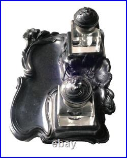 Superbe Grand Encrier Ancien Gutta Percha (ebonite) Cristal Art Nouveau Inkwell Superbe Grand Encrier Ancien Gutta Percha (ebonite) Cristal Art Nouveau Inkwell