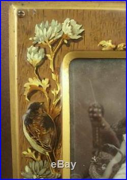 Superbe Paire De Cadres Photos Anciens Art Nouveau En Metal Peint Decor Oiseaux
