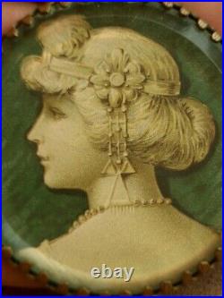 Superbe Peinture Miniature Grisaille Ancienne Art Nouveau Portrait De Femme 1900