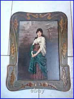 Superbe ancienne peinture huile sur panneau femme cadre Art Nouveau