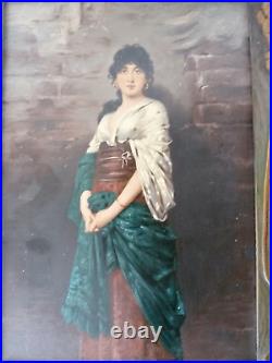 Superbe ancienne peinture huile sur panneau femme cadre Art Nouveau