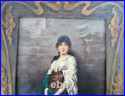 Superbe ancienne peinture huile sur panneau femme cadre Art Nouveau