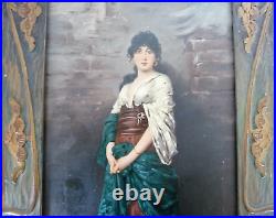 Superbe ancienne peinture huile sur panneau femme cadre Art Nouveau