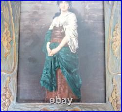 Superbe ancienne peinture huile sur panneau femme cadre Art Nouveau