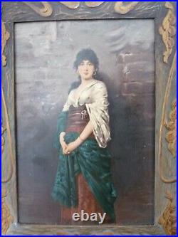 Superbe ancienne peinture huile sur panneau femme cadre Art Nouveau