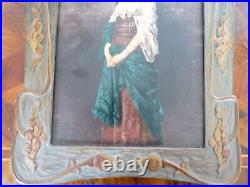 Superbe ancienne peinture huile sur panneau femme cadre Art Nouveau