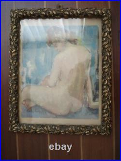 Superbe cadre ancien Art Nouveau fin XIXe-début XXe bois et stuc doré motif gui