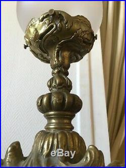 Superbe lampe ancienne en bronze doré art Nouveau globe obus ciselé