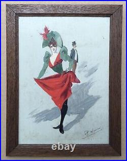 Tableau Ancien Art Nouveau Paolo Henri Scène Femme Théâtre Mode Costume c. 1900