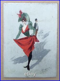 Tableau Ancien Art Nouveau Paolo Henri Scène Femme Théâtre Mode Costume c. 1900
