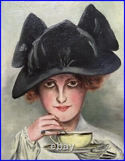 Tableau Ancien Huile Art Nouveau Berthier Portrait Femme Mode Chapeau Tasse Thé