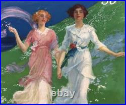 Tableau Ancien Huile René LELONG (1871-1933) Femmes Art Nouveau Paysage 1913 Tableau Ancien Huile René LELONG (1871-1933) Femmes Art Nouveau Paysage 1913