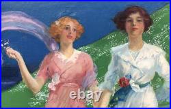Tableau Ancien Huile René LELONG (1871-1933) Femmes Art Nouveau Paysage 1913 Tableau Ancien Huile René LELONG (1871-1933) Femmes Art Nouveau Paysage 1913