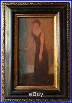 Tableau Ancien peinture à l' Huile / carton Femme à la chaise Début XXe 1900