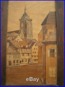 Tableau Marqueterie Charles Spindler Ancien Decor Colmar Alsace 26x51