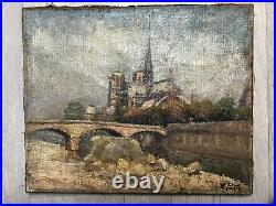 Tableau Peinture Ancienne Huile signé, Paysage, Pont, Seine, Notre-Dame de Paris