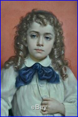 Tableau ancien Portrait Enfant Blond Cheveux bouclés Bernard Pégot art nouveau
