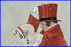 Tableau ancien gouache couple de nobles sous la neige signé Gaston Maréchaux XIX