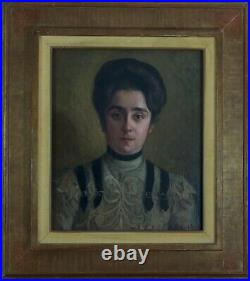 Tableau ancien portrait Art Nouveau Jeune femme Robe J. P Carré Bordeaux hst 1900