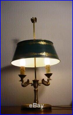 Très Belle Lampe Bouillotte Ancienne En Bronze Style Empire 2 Lumières Cygnes
