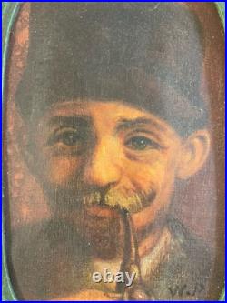 Très Belle Peinture 1920 Huile Sur Toile Portrait Homme Pipe Ancien Art Nouveau