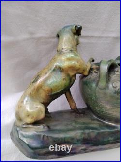 VASE Ancien Chien Céramique irisée Art Nouveau